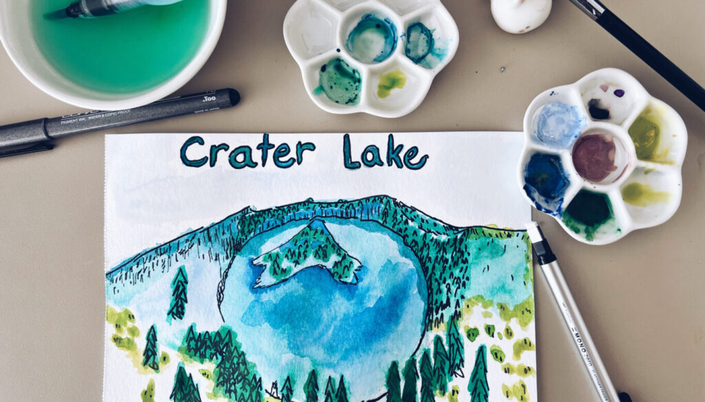 sketch, crater lake, water colour, green, blue, pnw, illustration