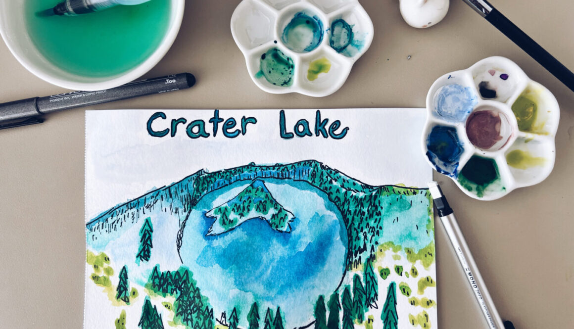 sketch, crater lake, water colour, green, blue, pnw, illustration