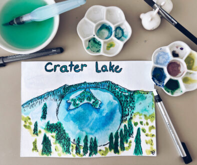 sketch, crater lake, water colour, green, blue, pnw, illustration