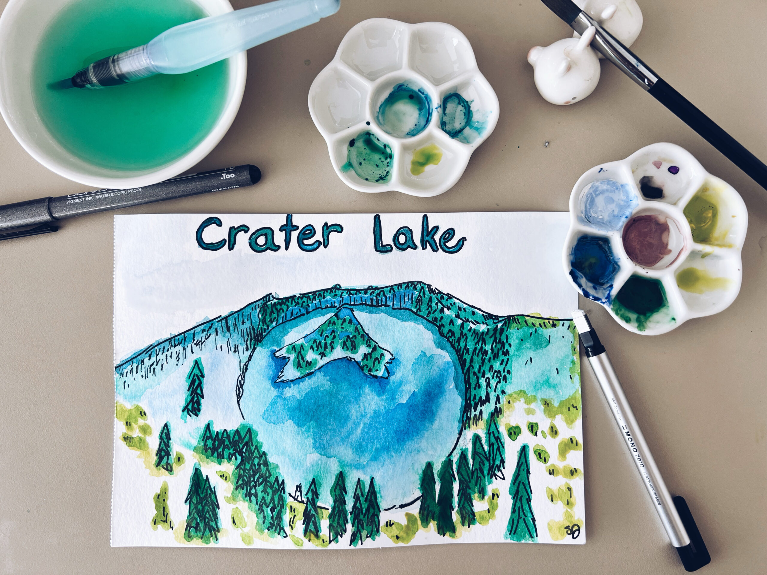 sketch, crater lake, water colour, green, blue, pnw, illustration